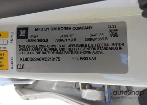 2021 Chevrolet Spark Fwd 1Lt Automatic из США, поврежденный, VIN KL8CD6SA6MC218175